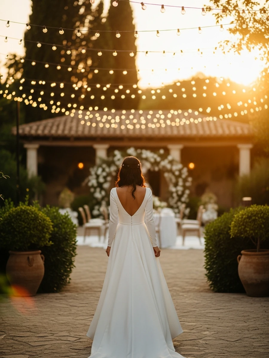 Novia de espaldas entrando en una celebración de jardín al atardecer con luces cálidas
