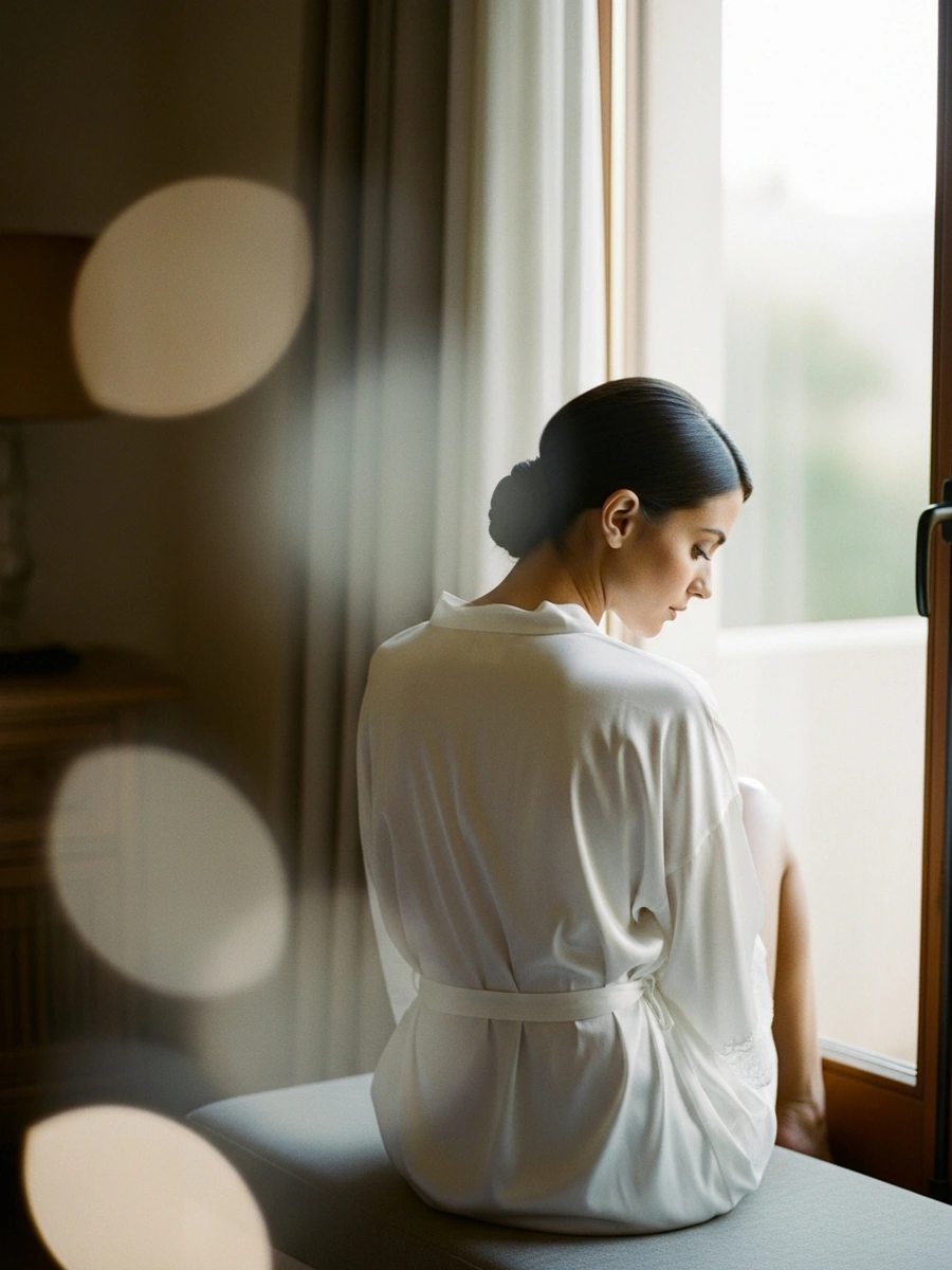 Novia de espaldas sentada junto a una ventana con luz suave de la mañana, en un momento de calma antes de decidir