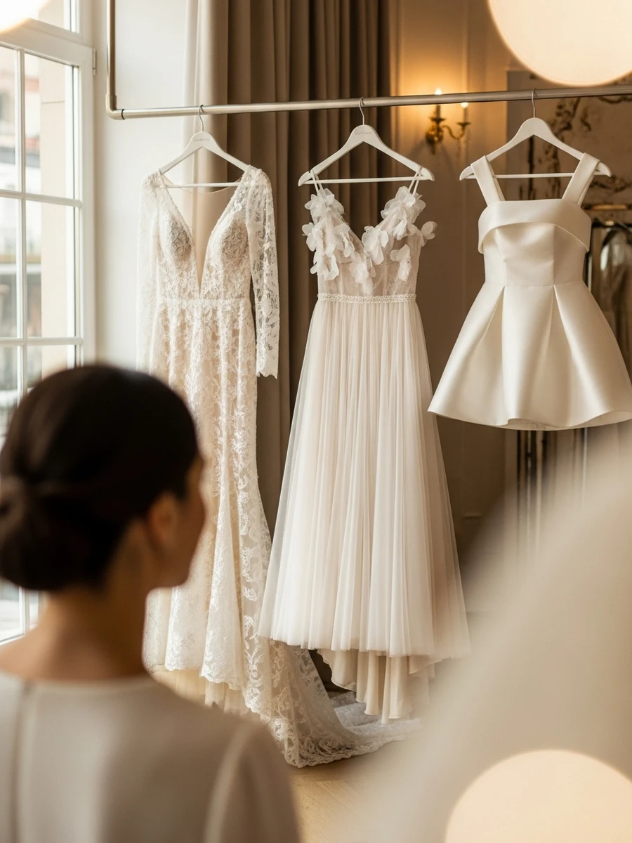 Novia de espaldas en un atelier observando tres vestidos de novia colgados: uno largo y formal, uno midi y uno corto