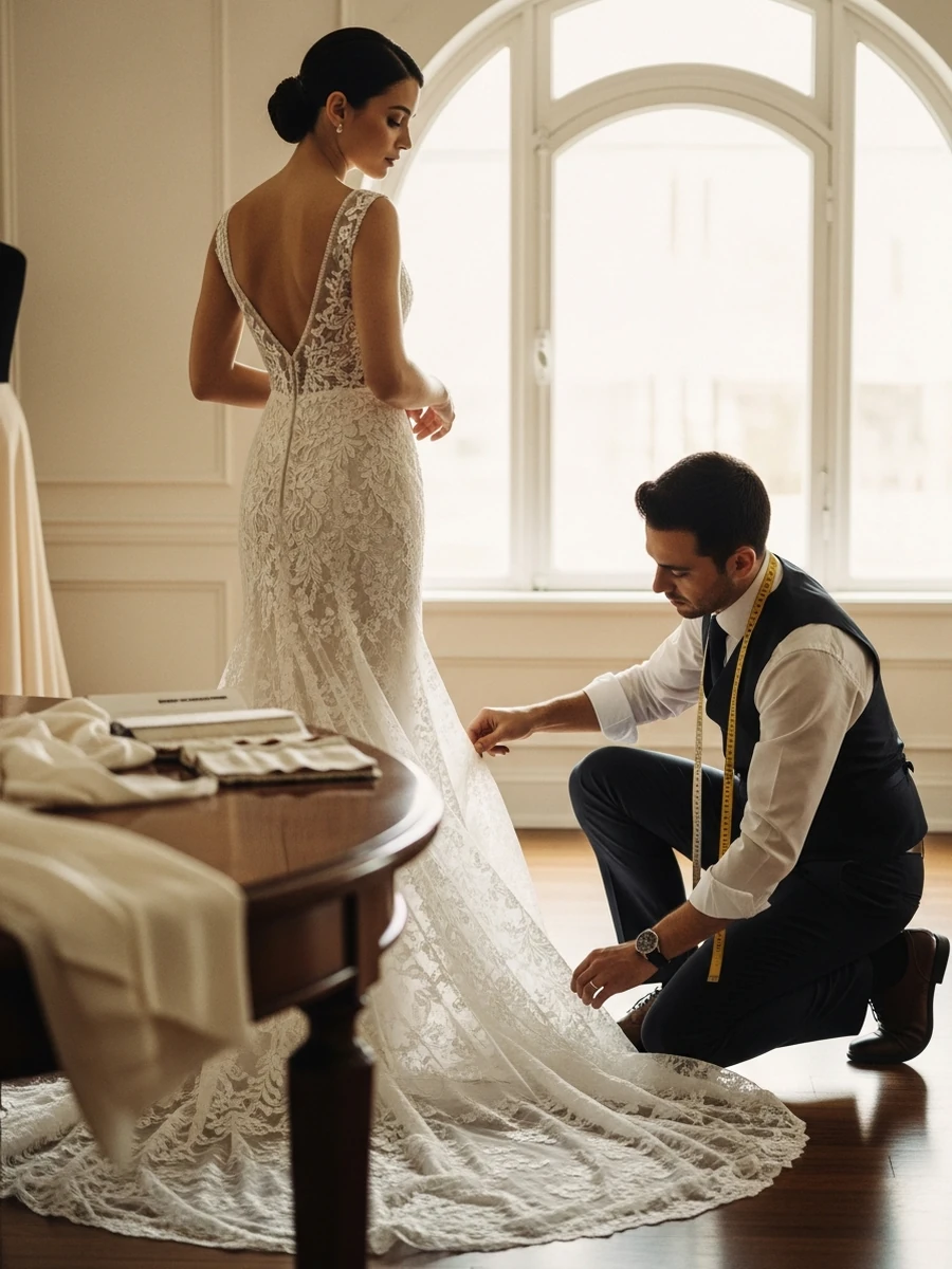 Novia de espaldas probándose un vestido en un atelier mientras una modista ajusta el bajo