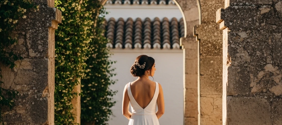 Novia de espaldas observando los arcos de un cortijo andaluz antes de su boda