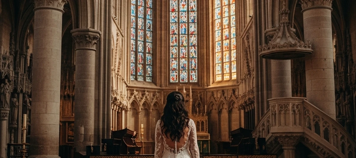 Novia de espaldas con un vestido de cola larga avanzando por la nave de una iglesia