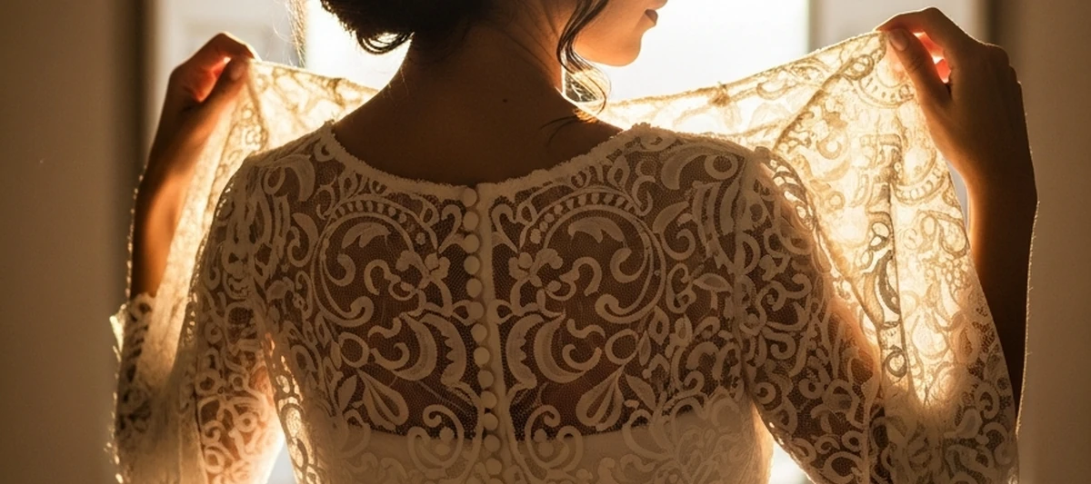 Novia de espaldas sosteniendo un vestido de novia heredado junto a una ventana