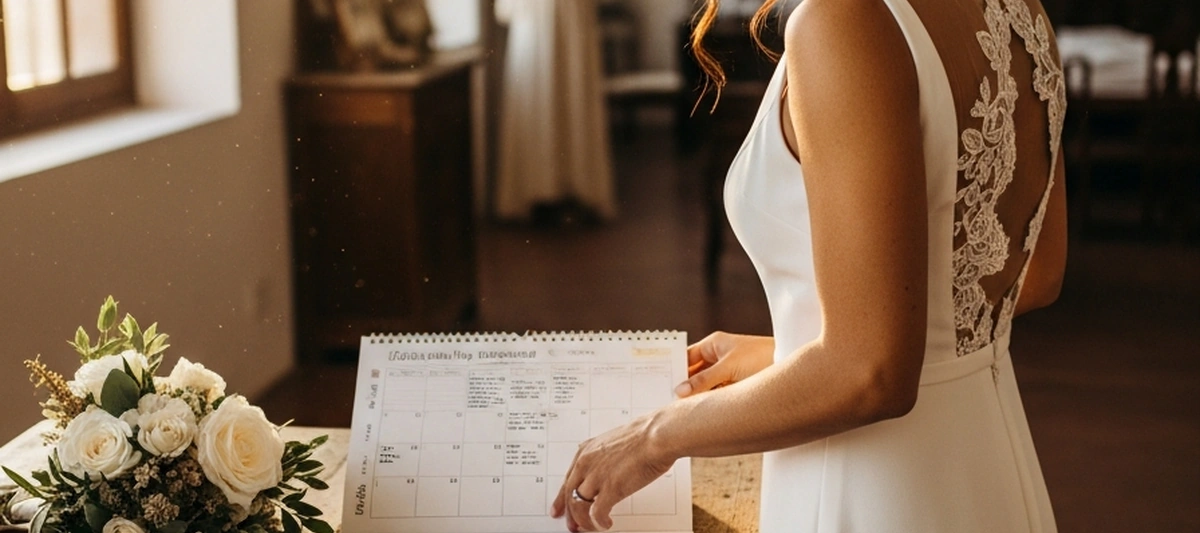 Novia de espaldas mirando un calendario de boda sobre una mesa de atelier