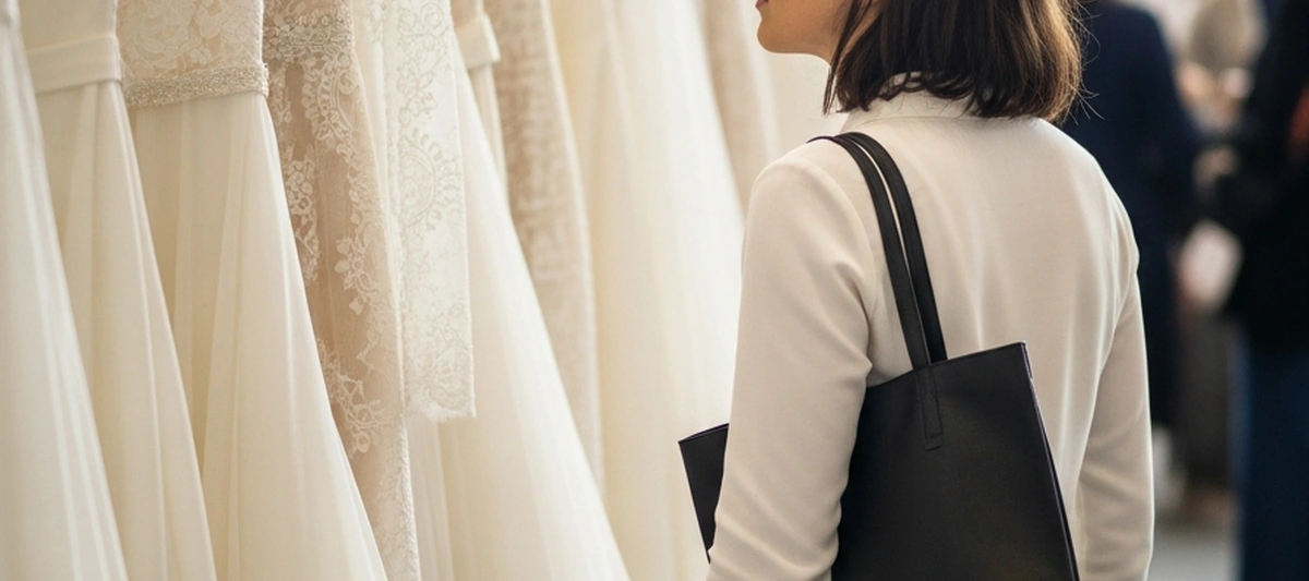 Novia de espaldas ante un perchero de vestidos rebajados en una feria de bodas