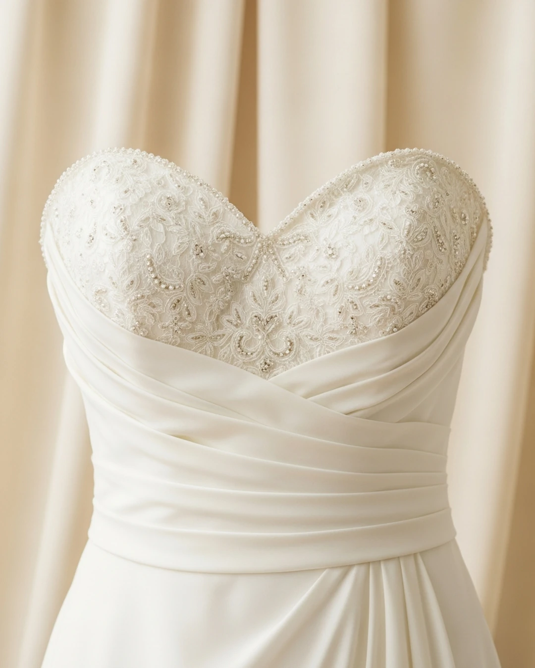 Detalle de escote corazón clásico palabra de honor en un vestido de novia de satén