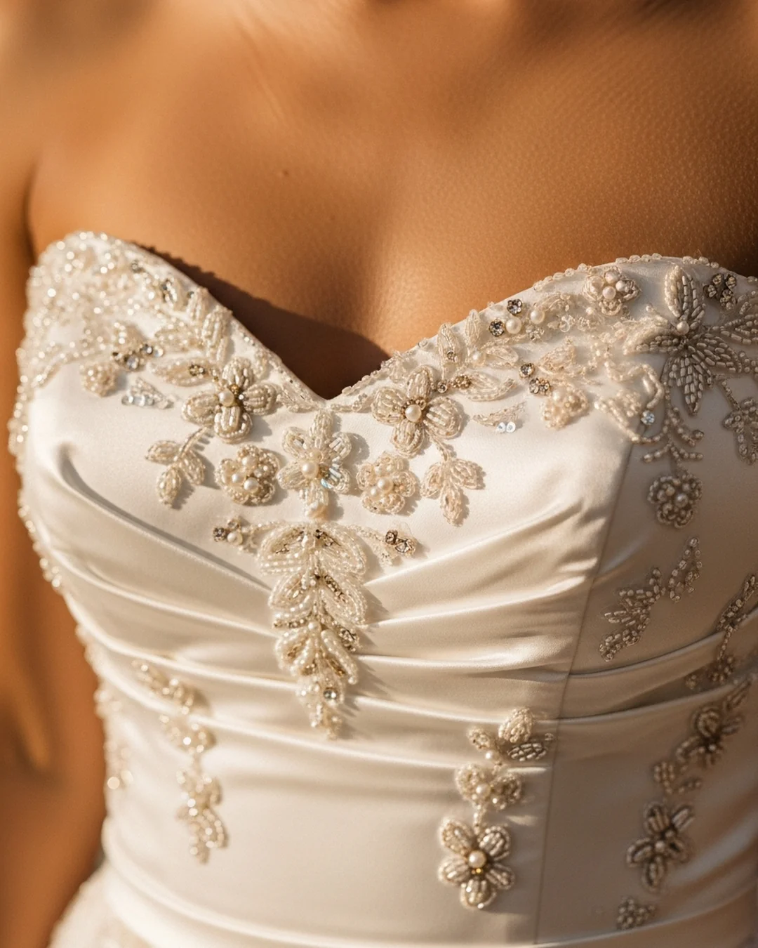 Escote corazón con panel de ilusión de tul sobre los hombros en un vestido de novia