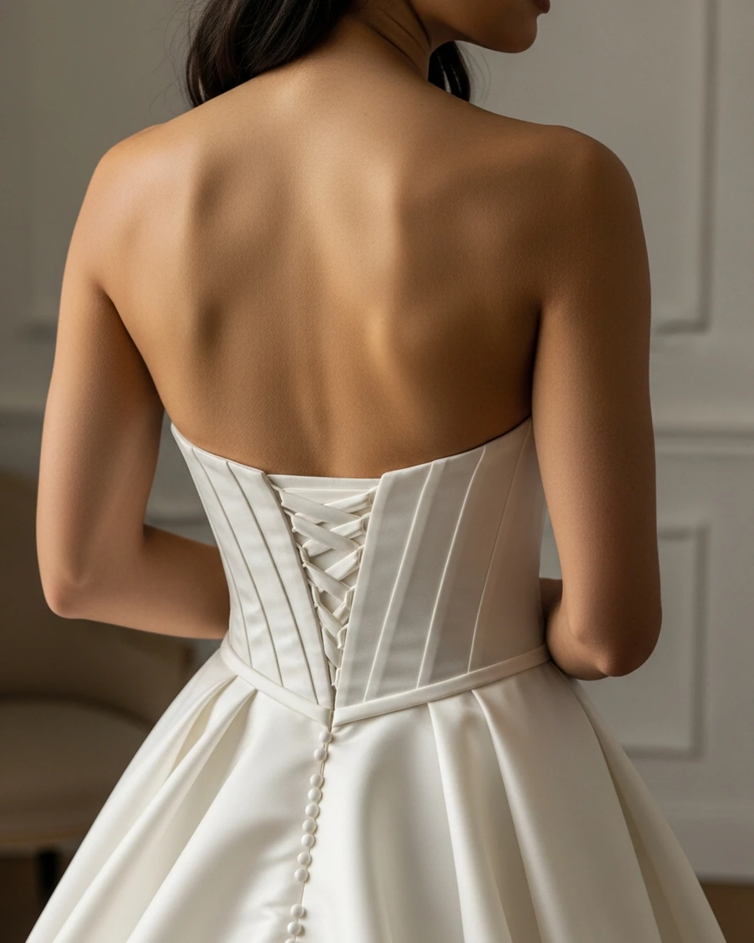 Novia de espaldas con un vestido de escote corazón y espalda en V