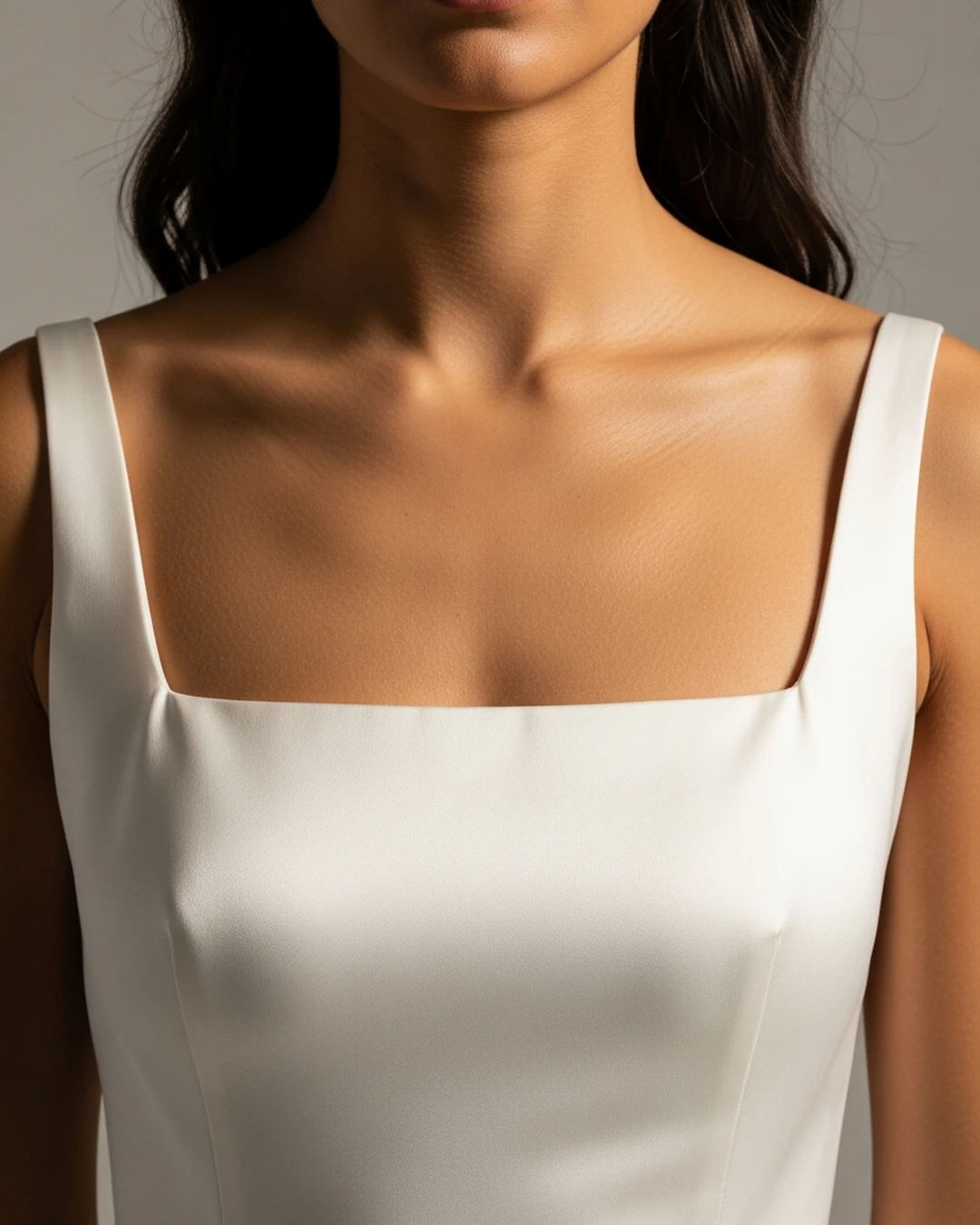 Detalle frontal de un escote cuadrado con tirantes en un vestido de novia de satén