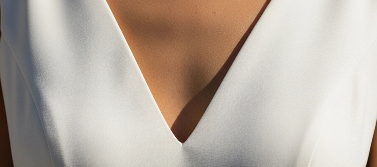 Detalle de escote en V abierto en un vestido de novia de crepé liso