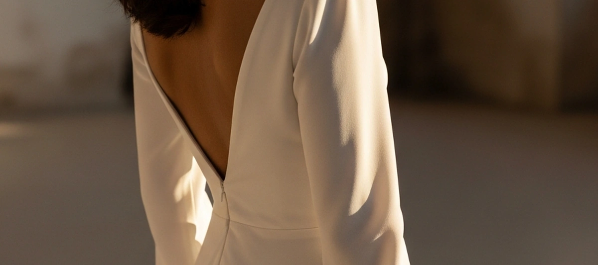 Novia de espaldas con un vestido de escote en V pronunciado y caída de crepé