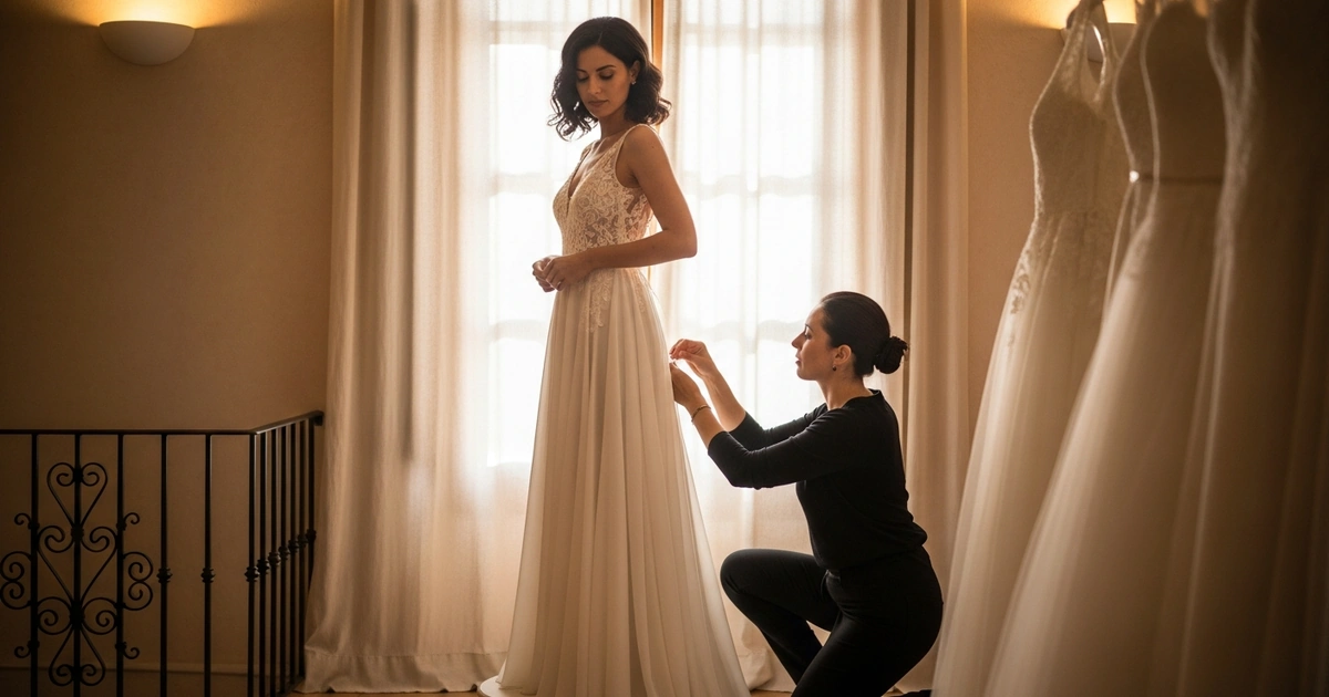 Prueba de vestido de novia línea A en un atelier español