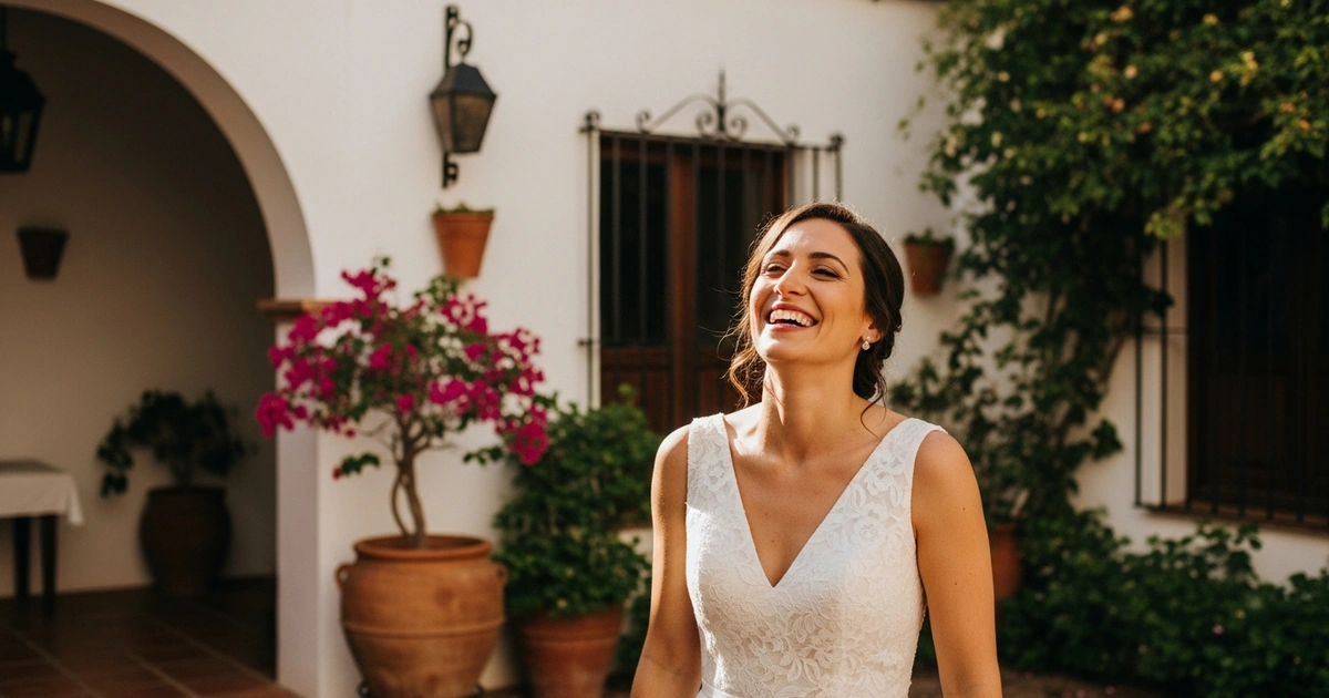 Novia con vestido línea A en una boda civil de verano al aire libre