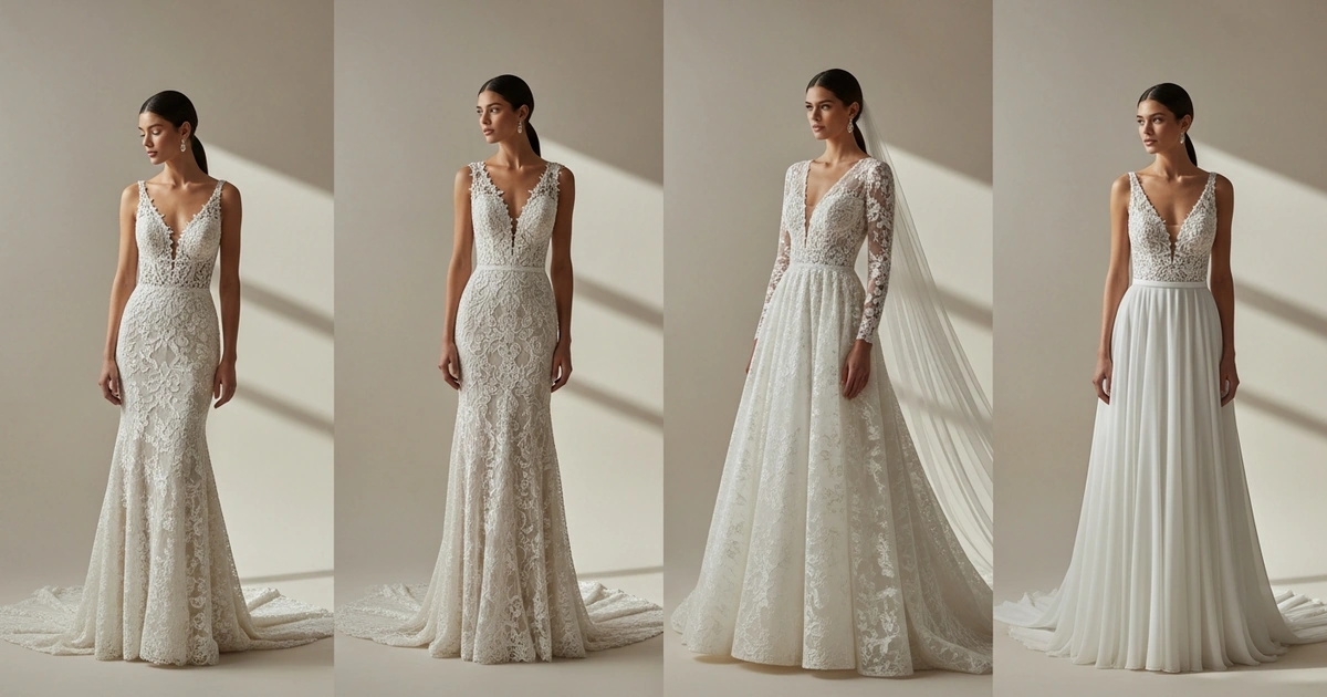 Comparativa visual de las cuatro siluetas de vestido de novia: línea A, sirena, trompeta y princesa
