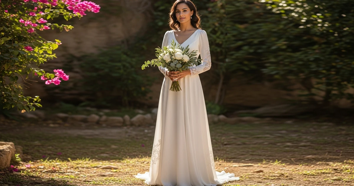 Novia de figura pera con vestido de novia línea A en tejido crepe