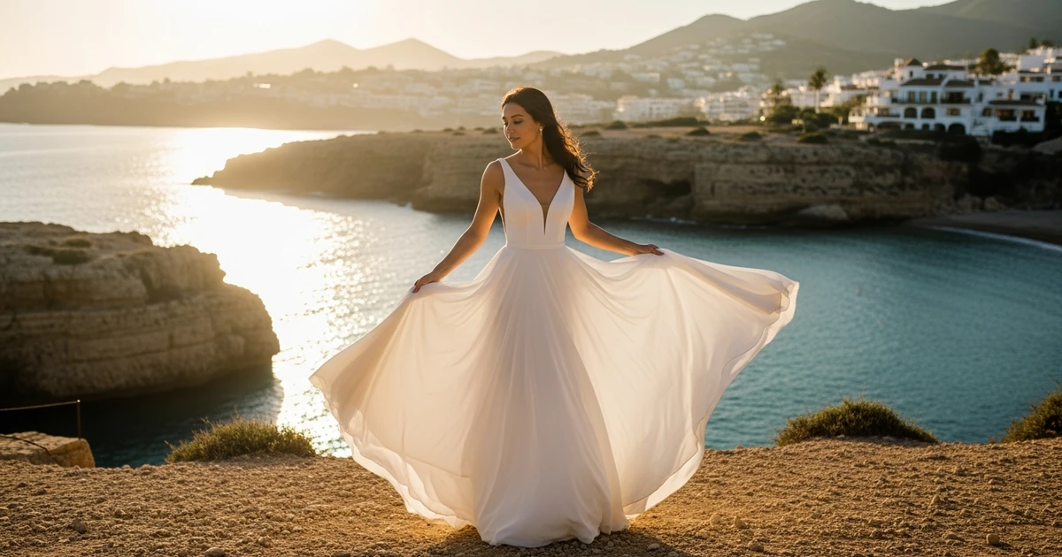 Vestido de novia línea A en gasa moviéndose con el viento en una boda al aire libre