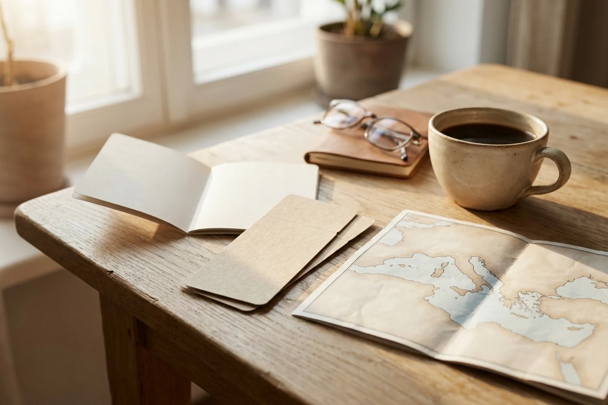 Libreta abierta, tarjetas en blanco, gafas y mapa del Mediterráneo sobre una mesa de madera junto a una taza de café, planificando la luna de miel