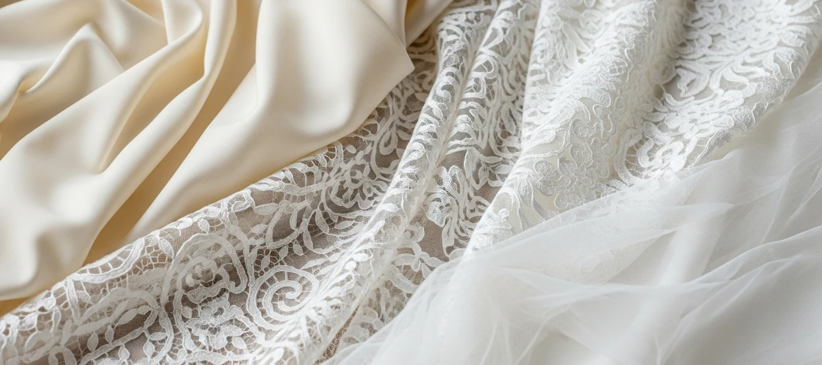 Comparativa de tejidos para vestido de novia sencillo: crepé, mikado, seda natural, gasa y organza con sus efectos de caída y luz