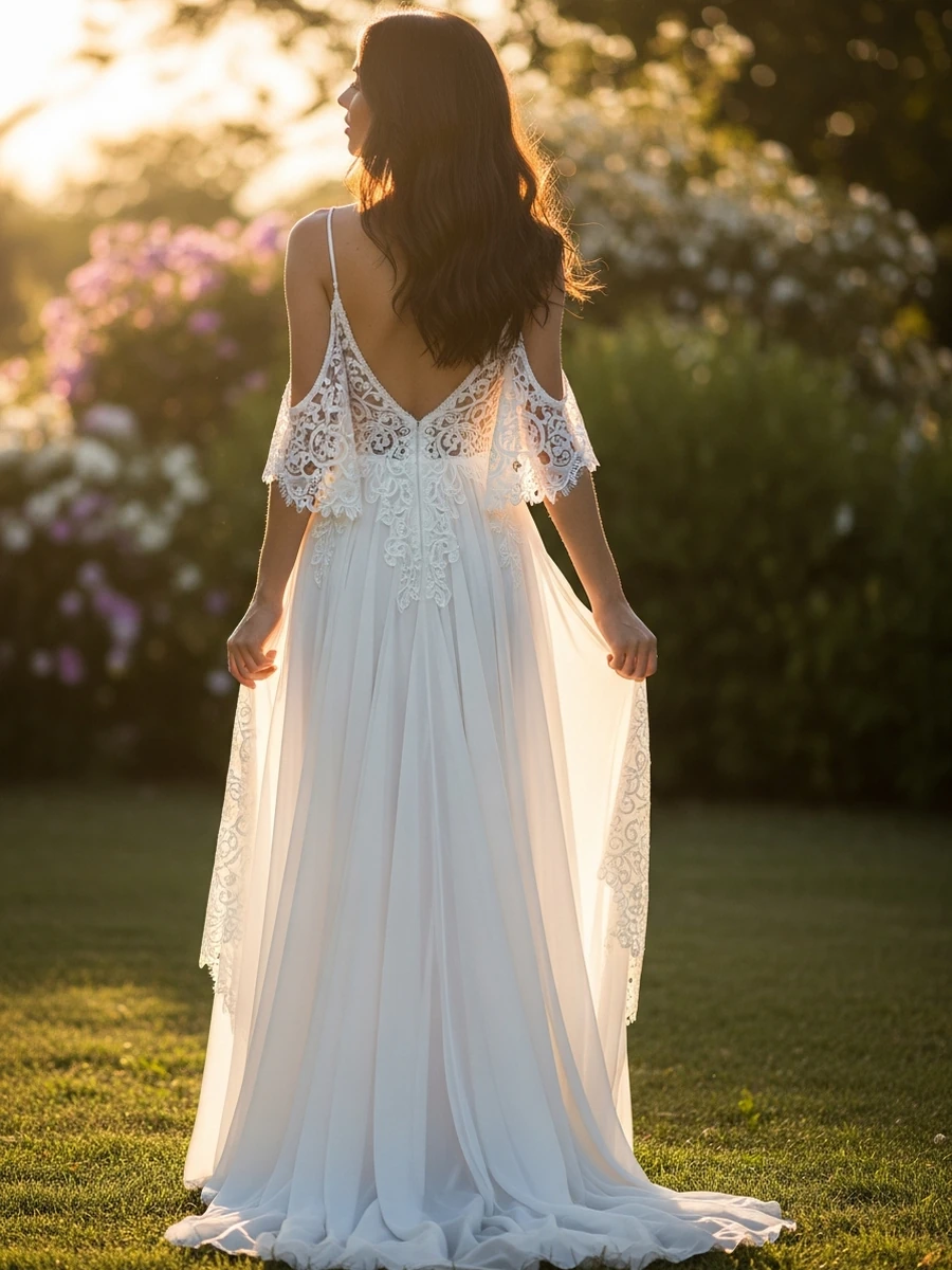 Novia de espaldas con vestido de novia bohemio en encaje y chiffon
