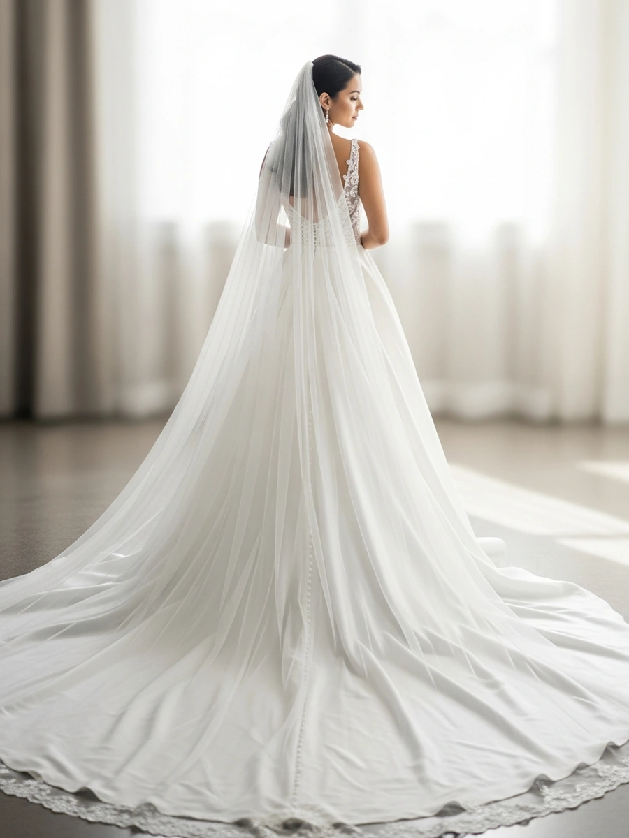 Novia de espaldas mostrando la cola del vestido de novia