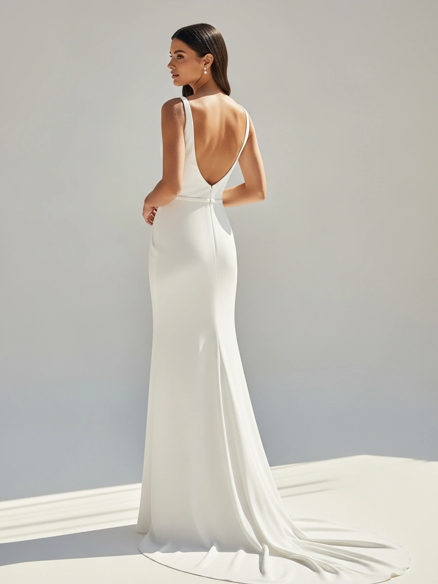 Novia de espaldas con vestido de novia de corte columna minimalista