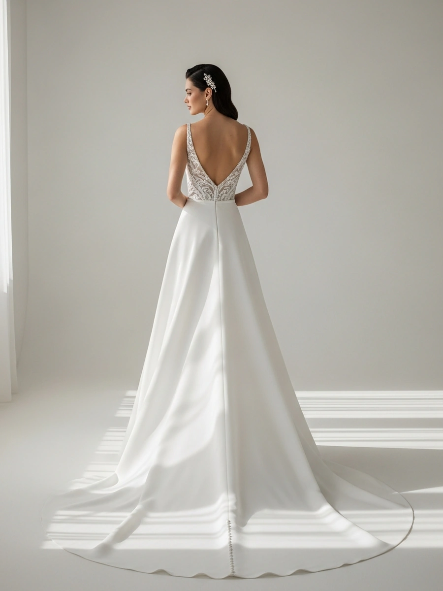 Novia de espaldas con vestido de novia de corte evasé o línea A