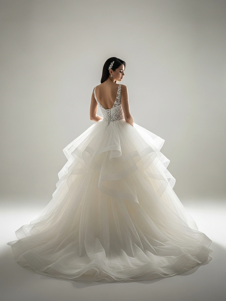 Novia de espaldas con vestido de novia de corte princesa con falda voluminosa