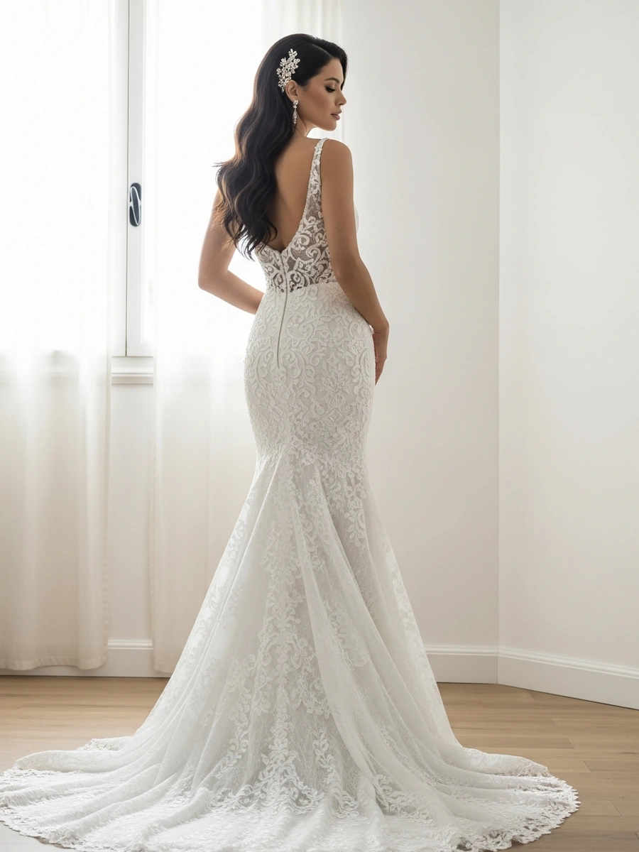 Novia de espaldas con vestido de novia de corte sirena