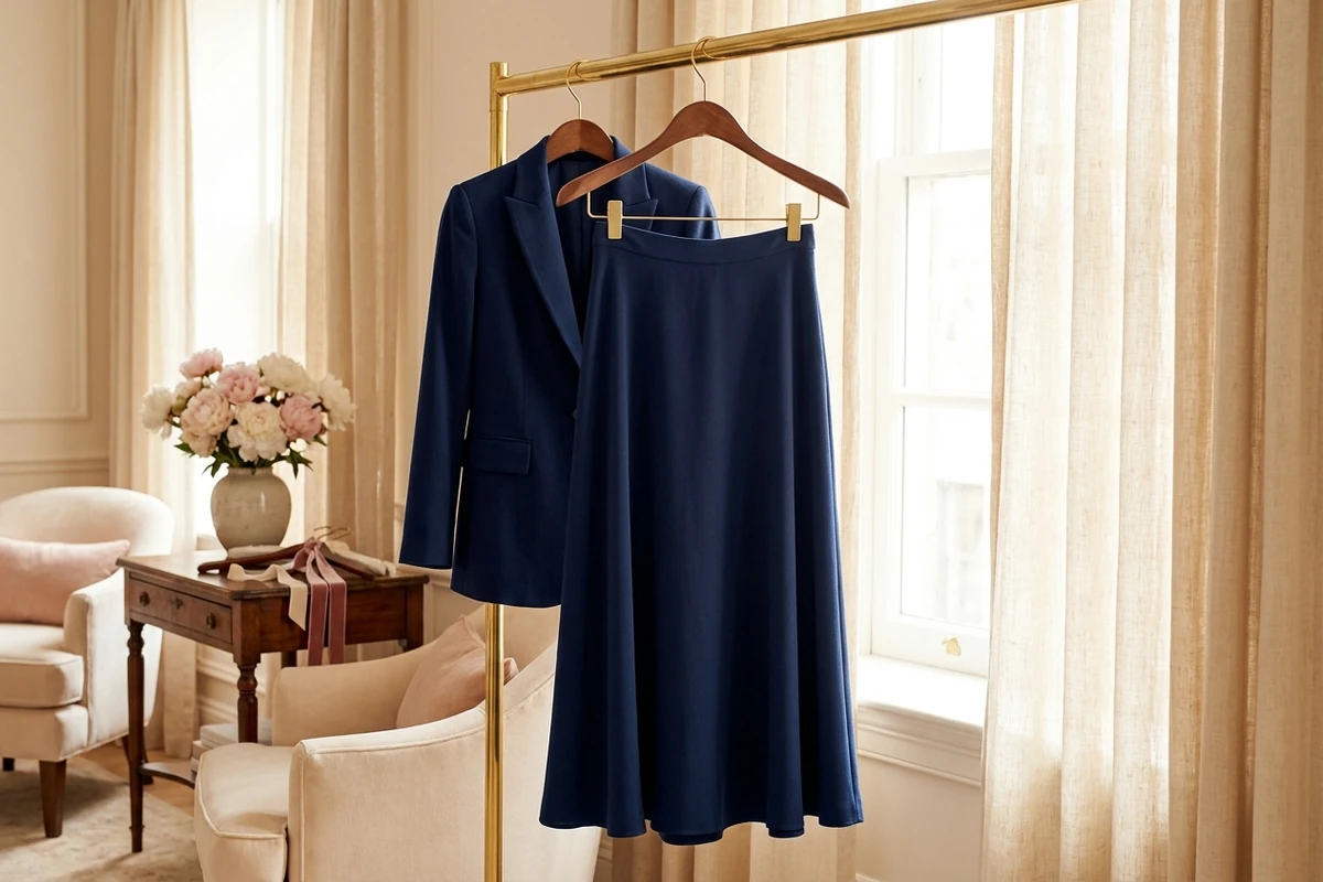 Traje de invitada de dos piezas de sastre en azul marino colgado en un vestidor de boda