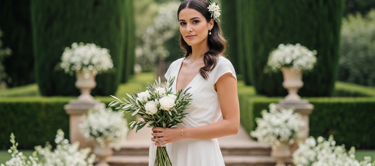 Vestido de novia sencillo con líneas limpias y tejido de crepé, sin adornos, para boda minimalista en España
