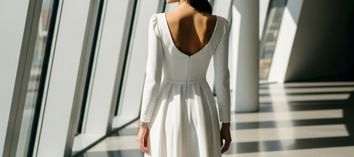 Novia de espaldas con vestido corto moderno en boda civil urbana, arquitectura minimalista y luz natural