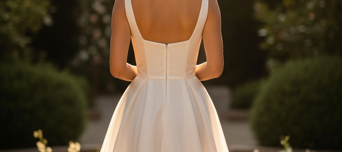 Novia de espaldas con vestido corto elegante en jardín íntimo con luces cálidas, boda íntima con pocos invitados