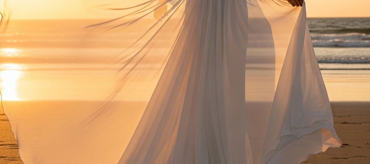 Novia de espaldas con vestido largo fluido y cola catedral en playa al atardecer, tejido moviéndose al viento, luz dorada