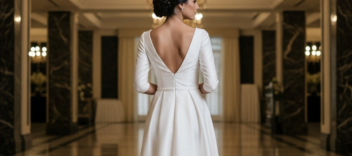 Novia de espaldas con vestido midi longitud de té en satén ivory en salón elegante con araña de luces, estilo editorial nupcial